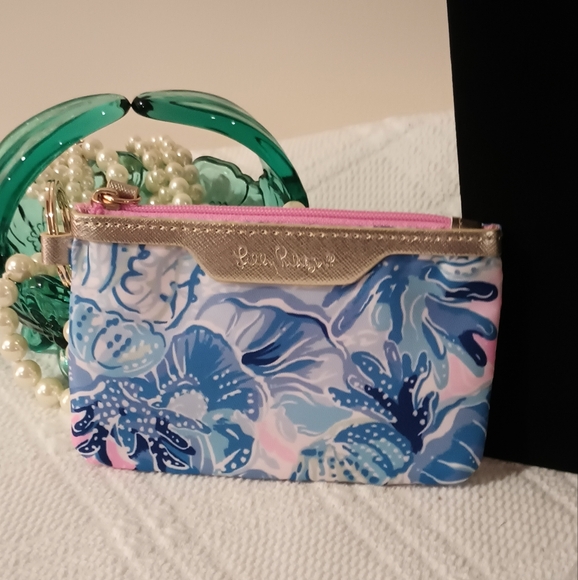 NEW Lilly Pulitzer ID Case Shade Seekers Coin Purse Keychain Gold Trim Pink Blue - Picture 3 of 15